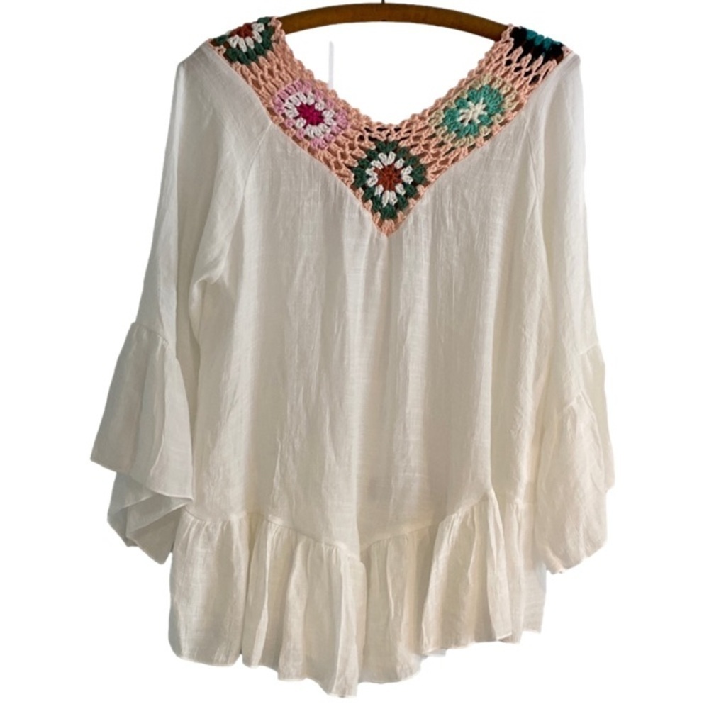 Ana & Rose Top Pullover Crochetd V-neck Bell Sleeve Peasant Flair Women’s Size M